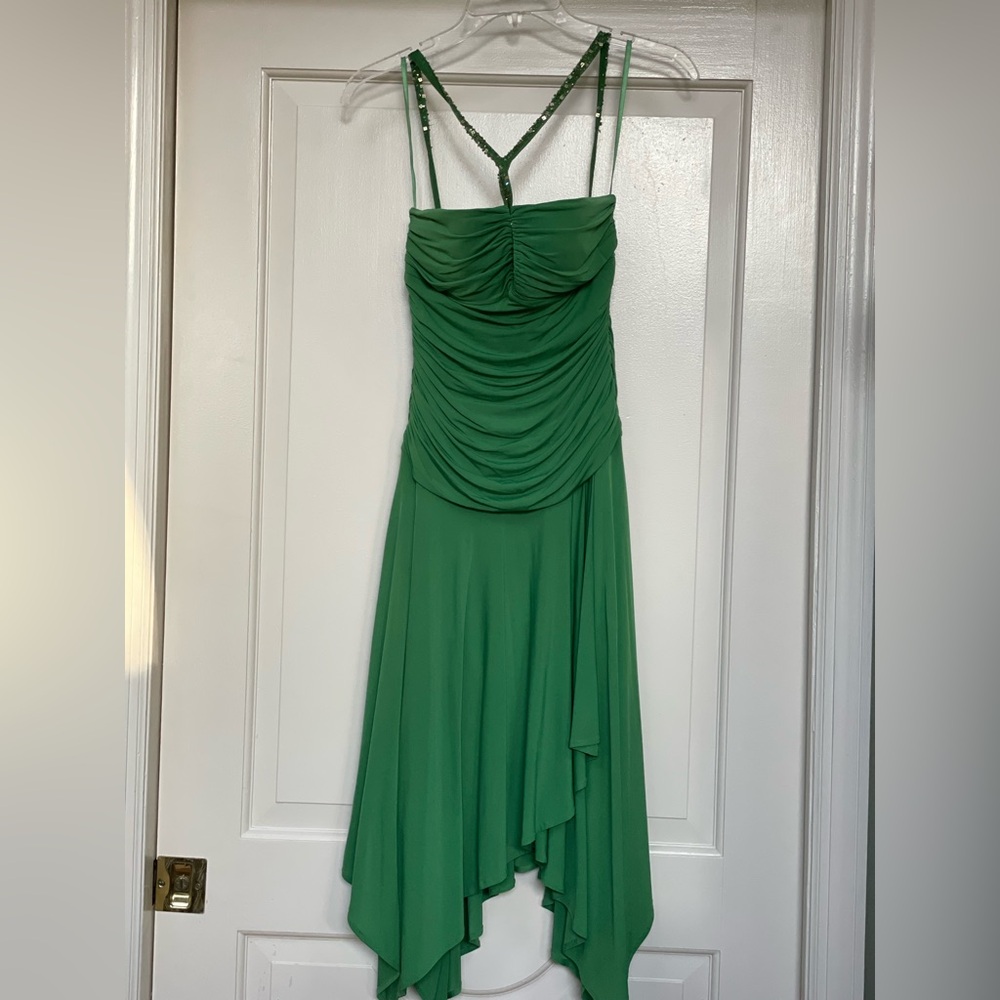 Emerald Green BCBG MAXAZARIA dress with gold embellishments